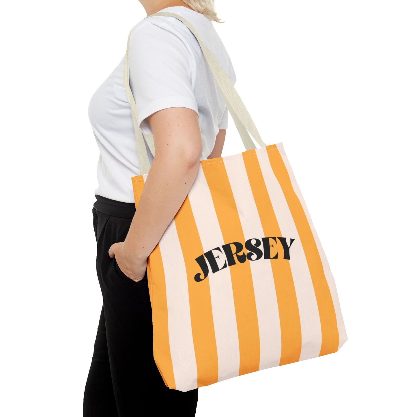 Jersey Shore Striped Beach Tote Bag | Retro Jersey "What Exit?" Canvas Tote