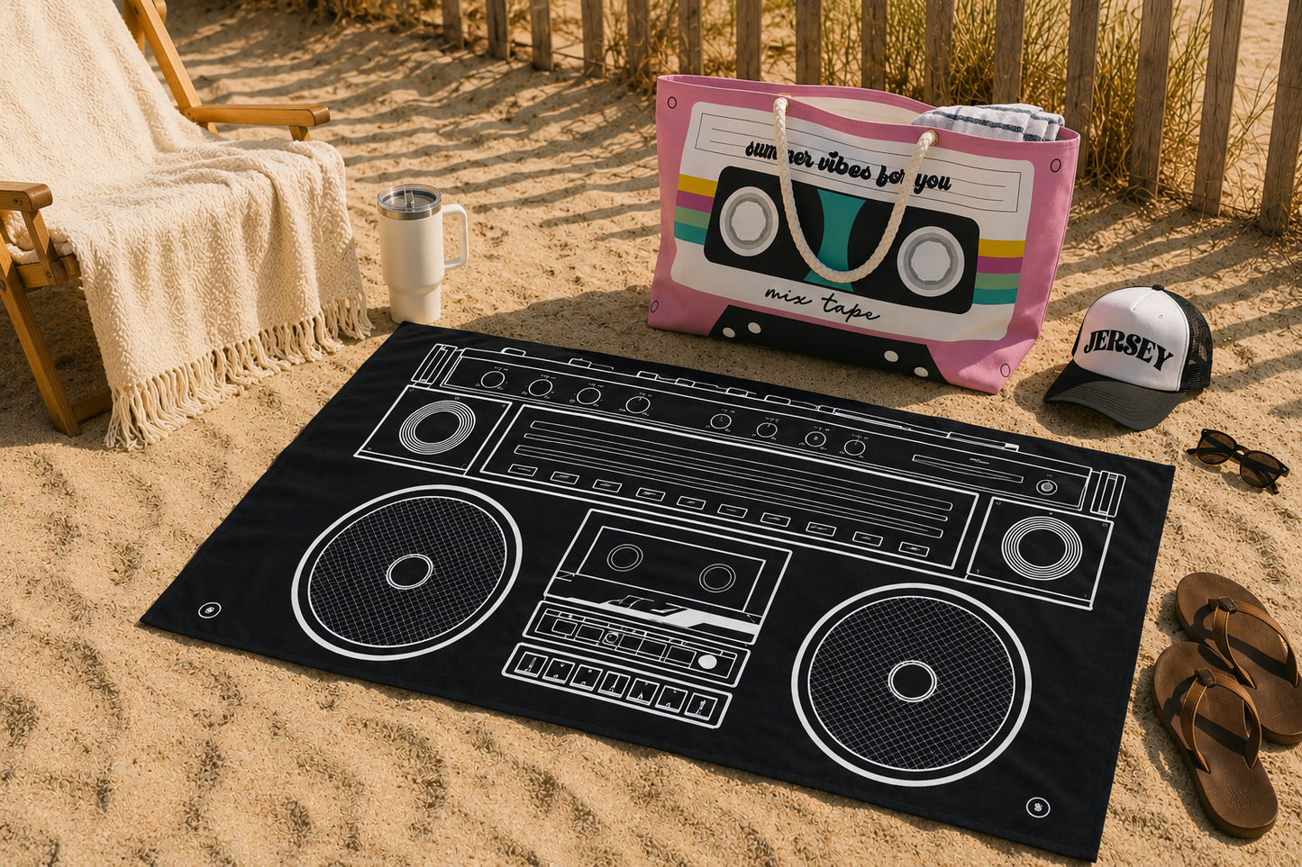 Boombox Beach Towel – Retro Music-Inspired Summer Vibes